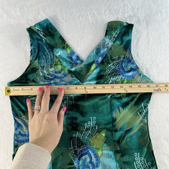 Vintage 2000s Women's S Velvet Burnout Top Teal Gold V-Neck Sleeveless Blouse - Picture 7 of 9